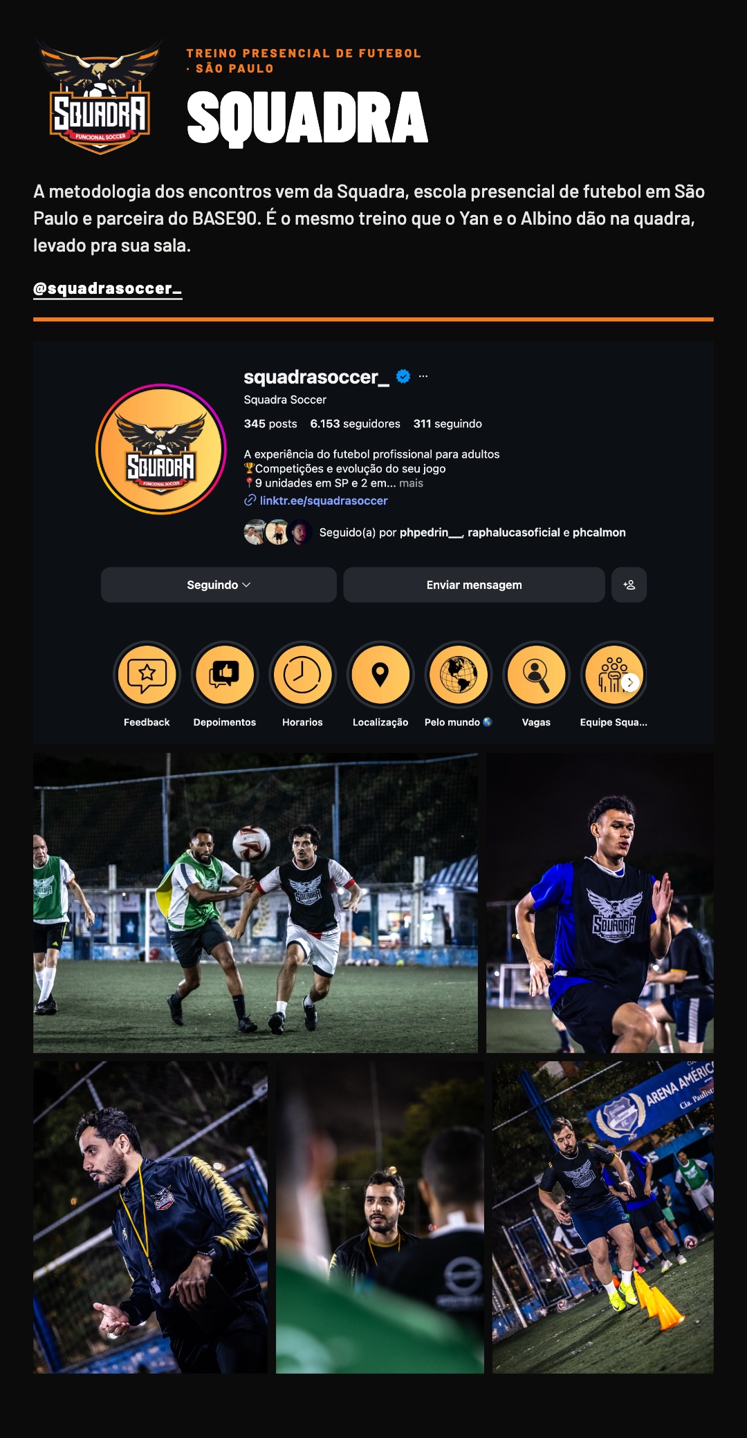 Squadra, treino presencial de futebol em São Paulo: logo, texto de apresentação e fotos de treino